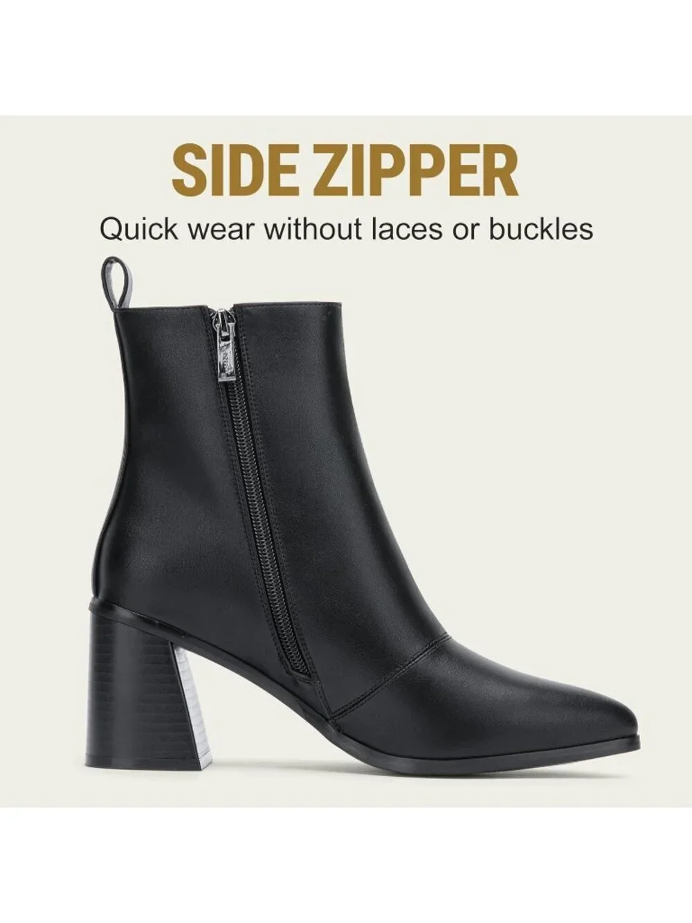 Women’s Black Pointed Toe Ankle Boots Chunky Block Heel Booties With Zipper